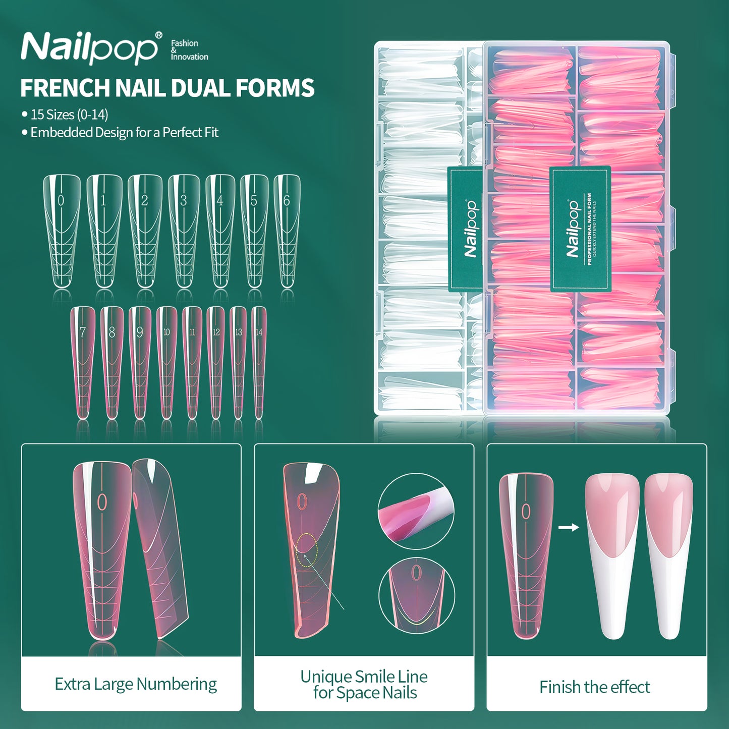Nailpop French Nail Dual Forms 150 Pcs for Poly Gel Nail Extensions 15 Sizes Large Number Markings Perfect for French Manicure