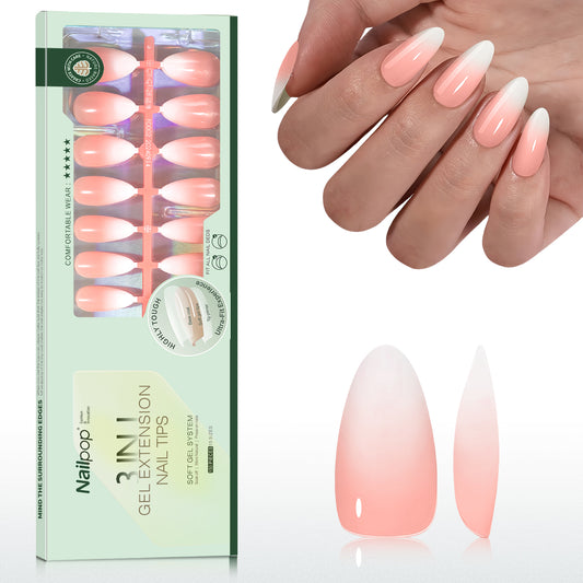 Nailpop Nude White Ombre Press on Nails Medium Almond Fake Nails Gradient Glossy Soft Gel Nail Tips Acrylic Nails for Manicure