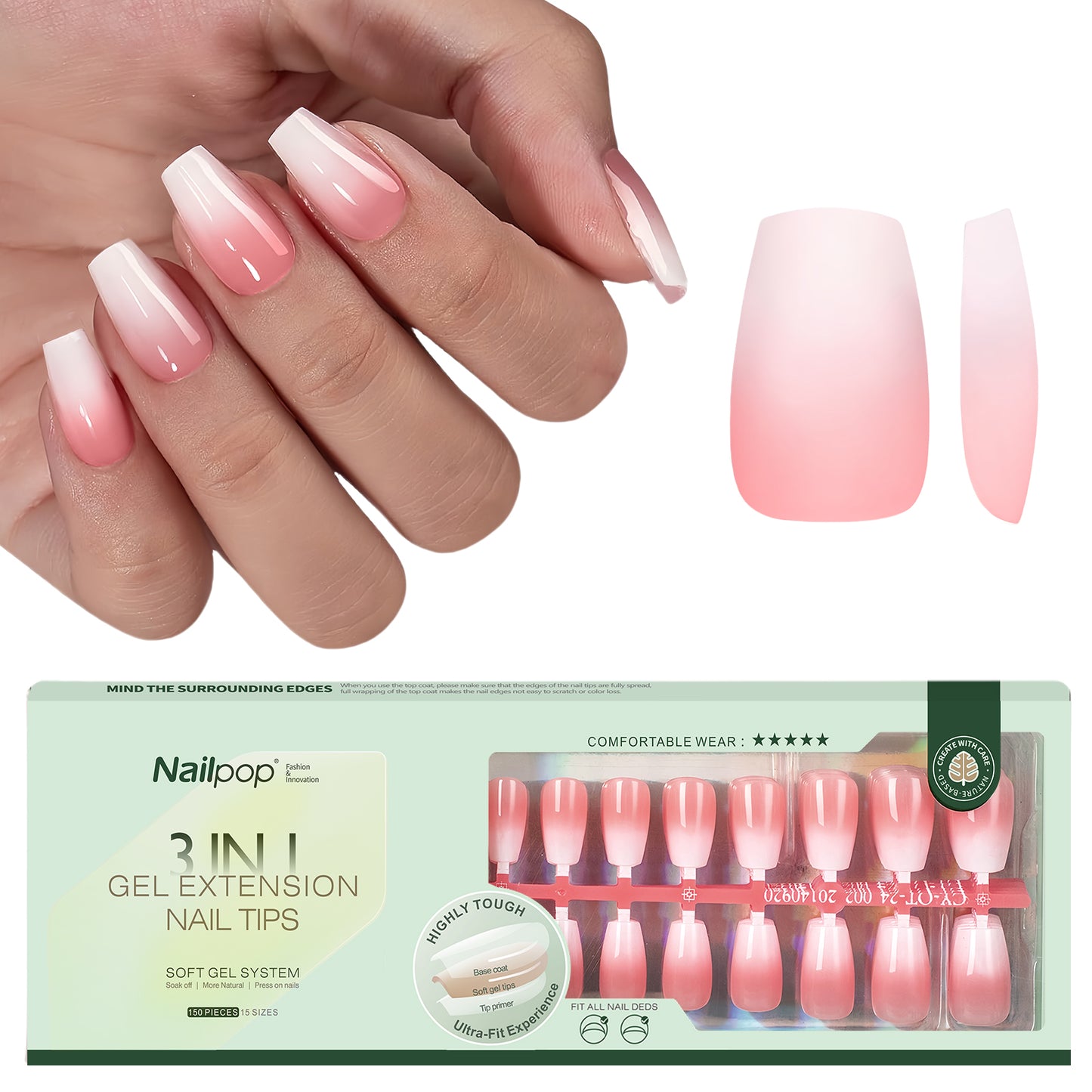 Nailpop Nude White Ombre Press on Nails Medium Almond Fake Nails Gradient Glossy Soft Gel Nail Tips Acrylic Nails for Manicure