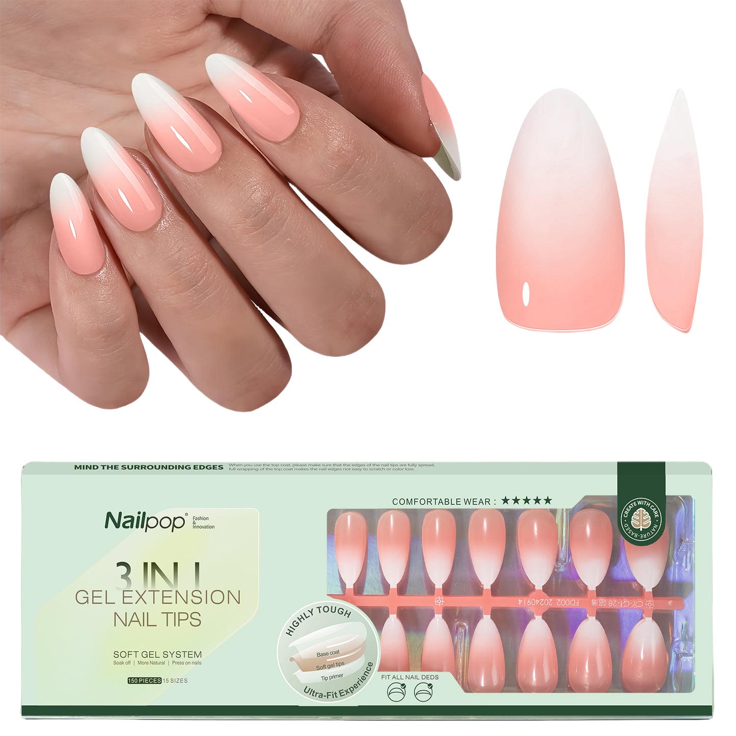 Nailpop Nude White Ombre Press on Nails Medium Almond Fake Nails Gradient Glossy Soft Gel Nail Tips Acrylic Nails for Manicure