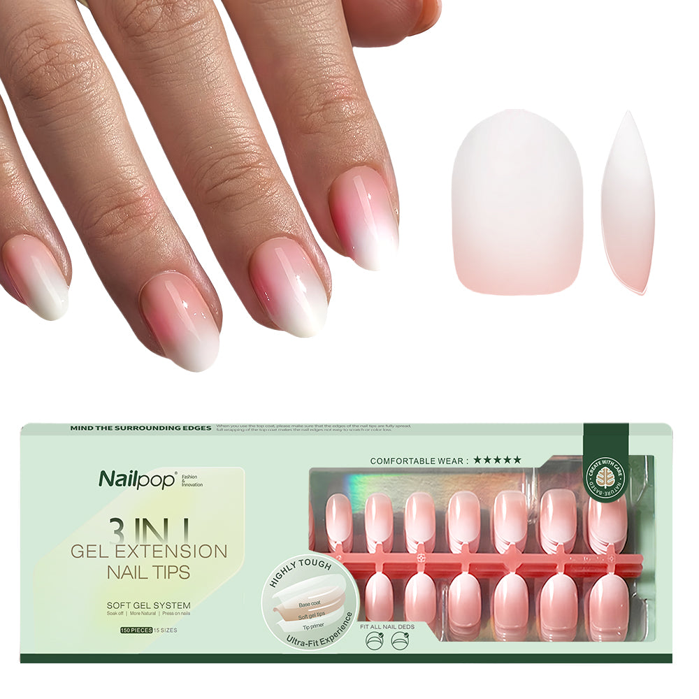 Nailpop Nude White Ombre Press on Nails Medium Almond Fake Nails Gradient Glossy Soft Gel Nail Tips Acrylic Nails for Manicure