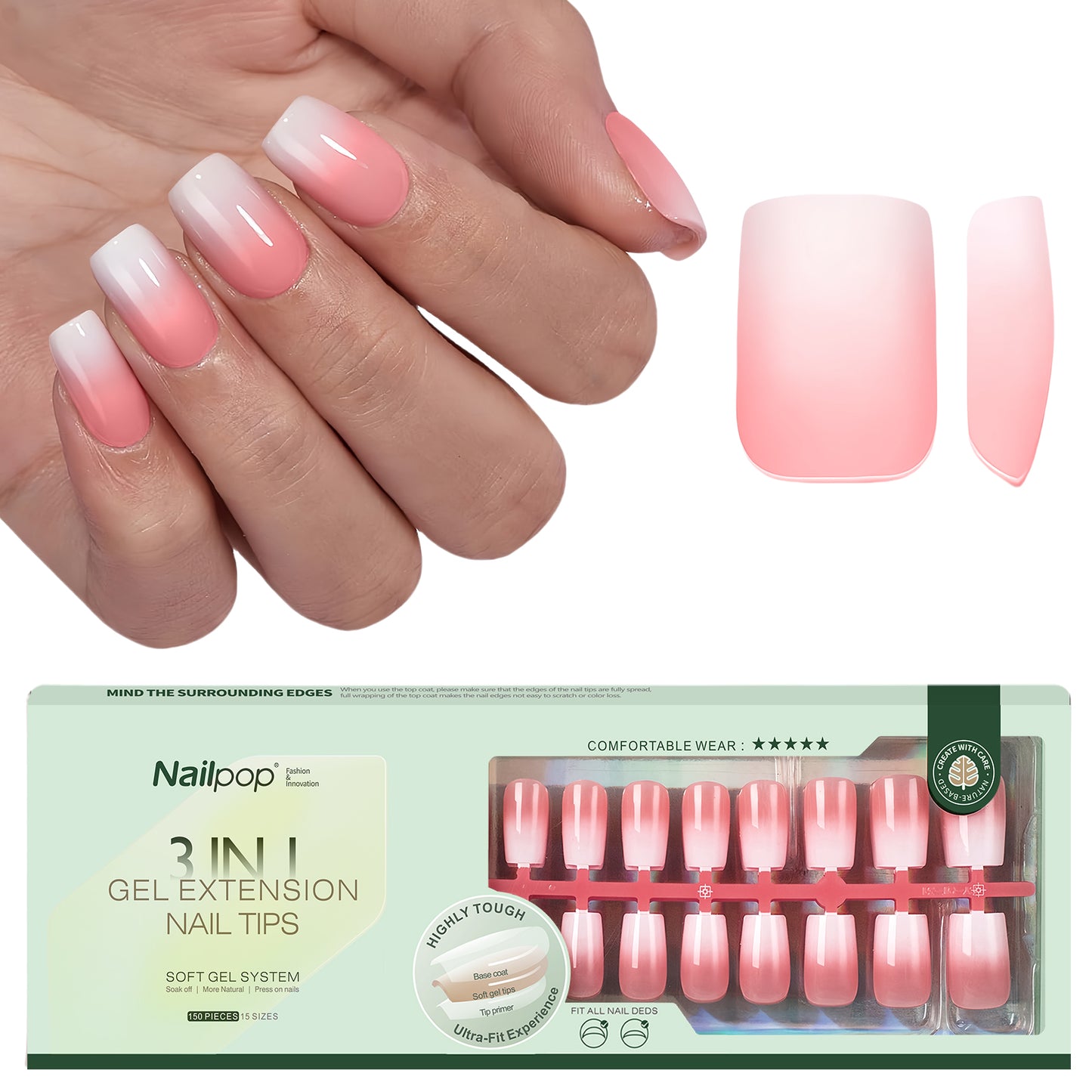 Nailpop Nude White Ombre Press on Nails Medium Almond Fake Nails Gradient Glossy Soft Gel Nail Tips Acrylic Nails for Manicure