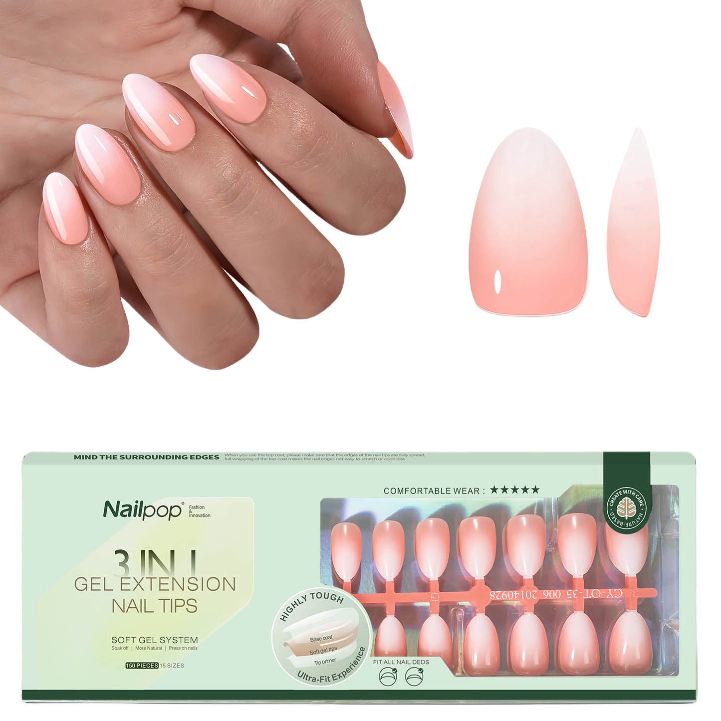 Nailpop Nude White Ombre Press on Nails Medium Almond Fake Nails Gradient Glossy Soft Gel Nail Tips Acrylic Nails for Manicure
