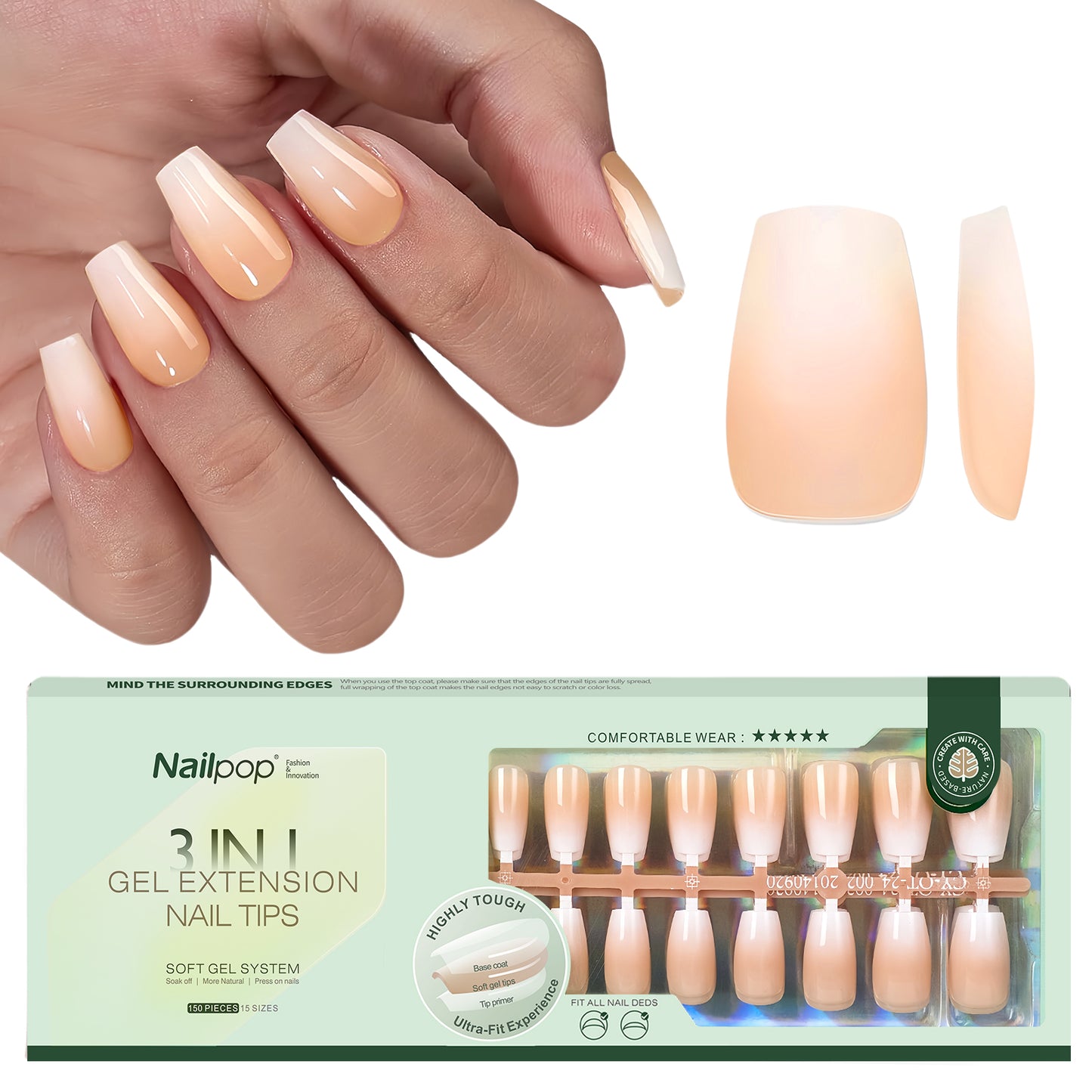 Nailpop Nude White Ombre Press on Nails Medium Almond Fake Nails Gradient Glossy Soft Gel Nail Tips Acrylic Nails for Manicure