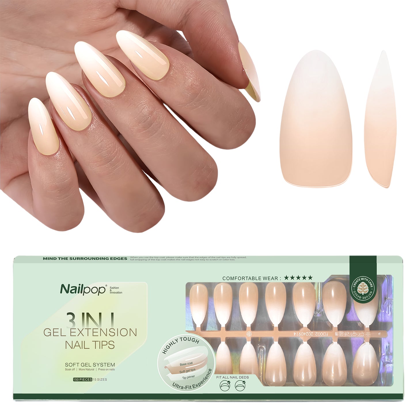 Nailpop Nude White Ombre Press on Nails Medium Almond Fake Nails Gradient Glossy Soft Gel Nail Tips Acrylic Nails for Manicure