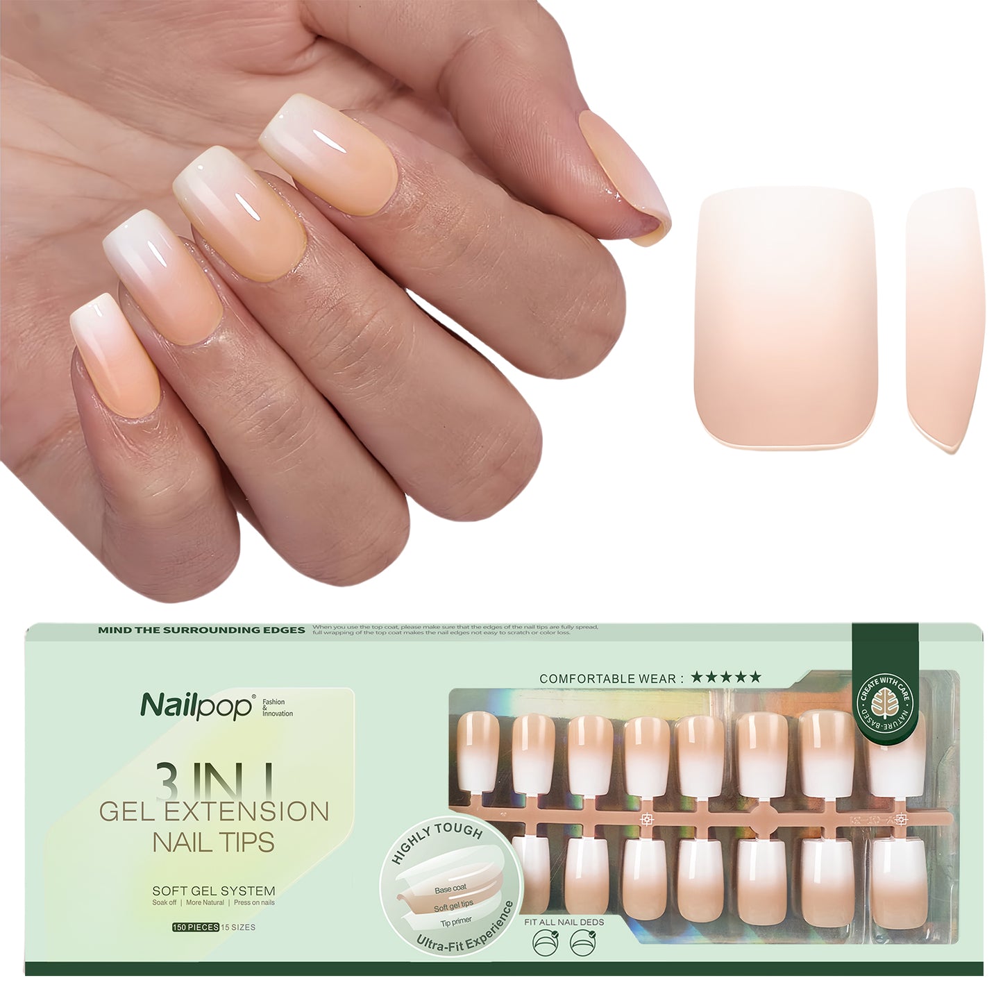 Nailpop Nude White Ombre Press on Nails Medium Almond Fake Nails Gradient Glossy Soft Gel Nail Tips Acrylic Nails for Manicure