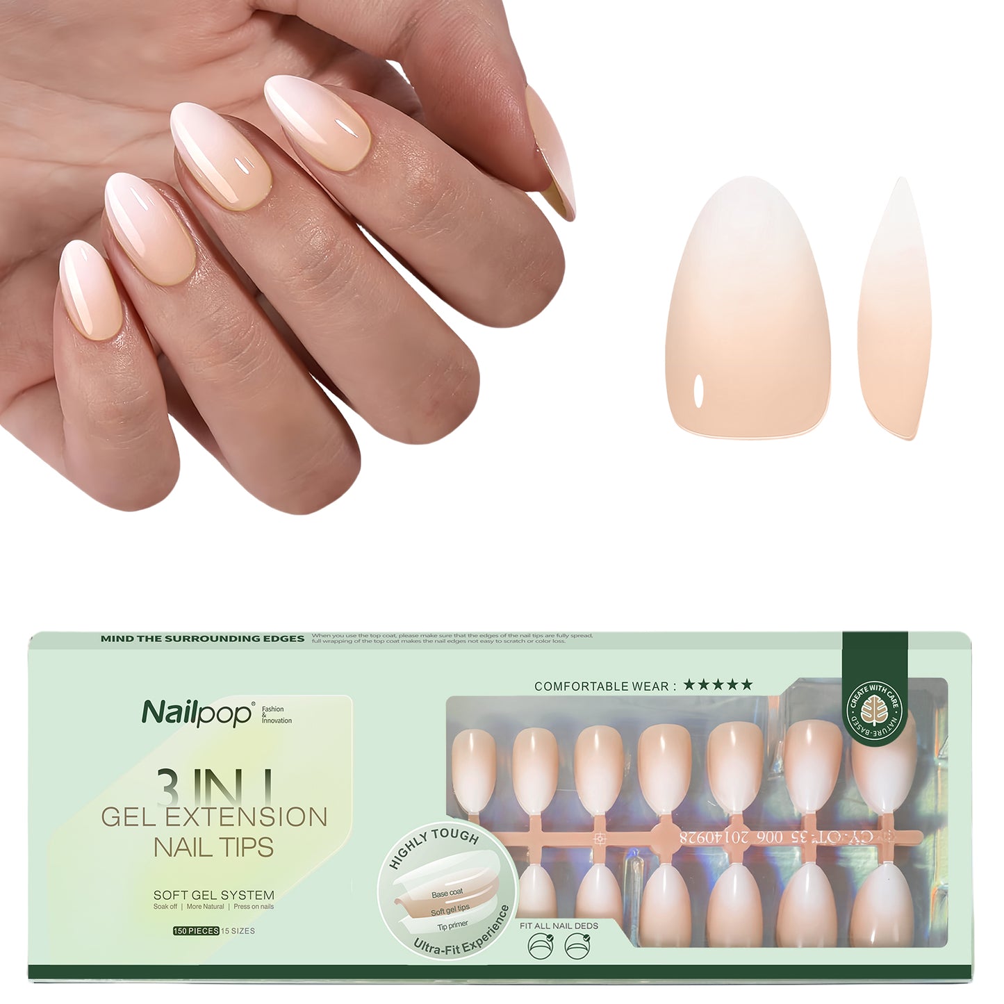 Nailpop Nude White Ombre Press on Nails Medium Almond Fake Nails Gradient Glossy Soft Gel Nail Tips Acrylic Nails for Manicure