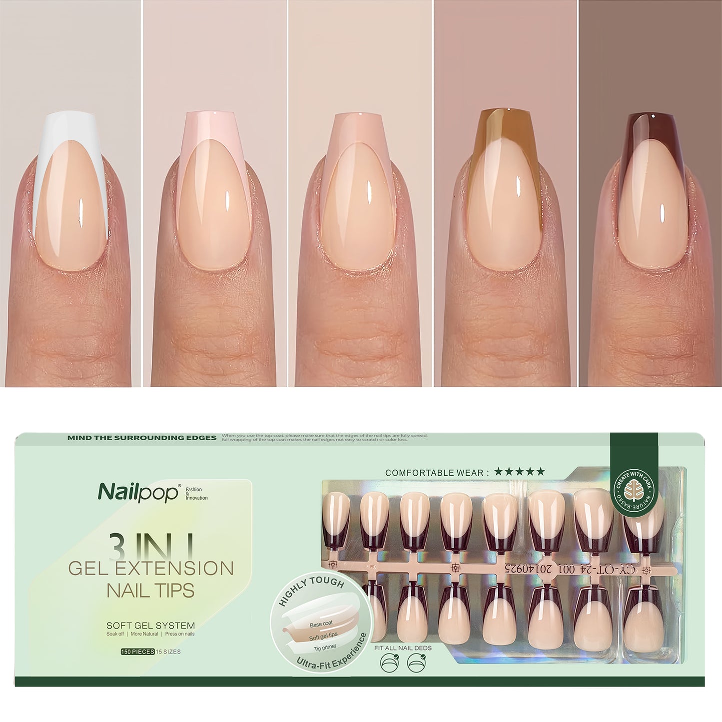 Nailpop French Gel Nail Tips 5 Colors French Tip Press on Nails with Design 3 in 1 Soft Acrylic Fake Nails Extension for Women