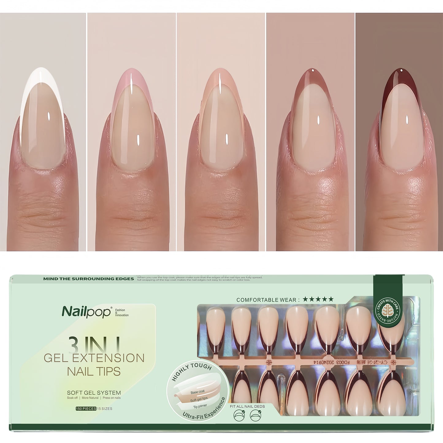 Nailpop French Gel Nail Tips 5 Colors French Tip Press on Nails with Design 3 in 1 Soft Acrylic Fake Nails Extension for Women