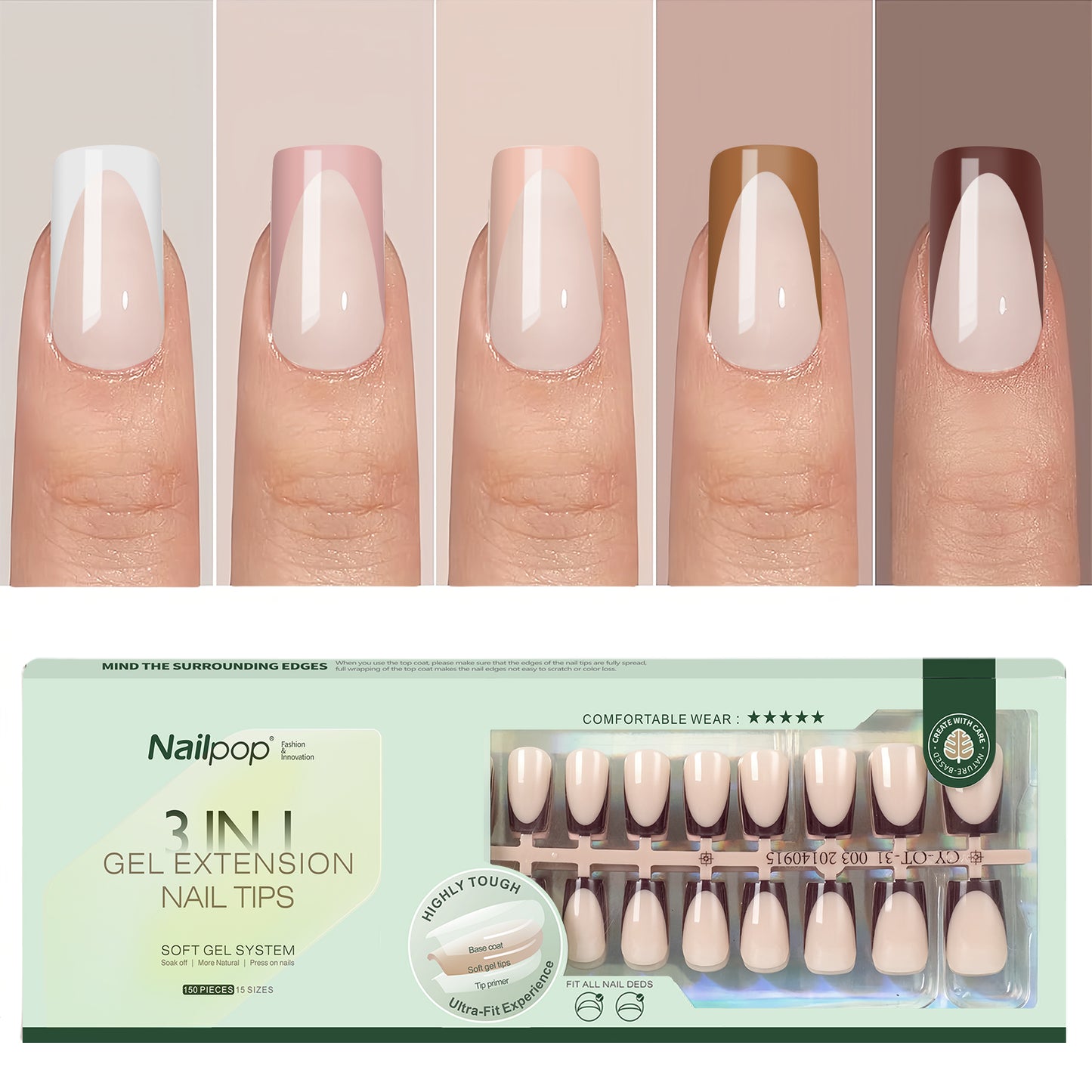 Nailpop French Gel Nail Tips 5 Colors French Tip Press on Nails with Design 3 in 1 Soft Acrylic Fake Nails Extension for Women