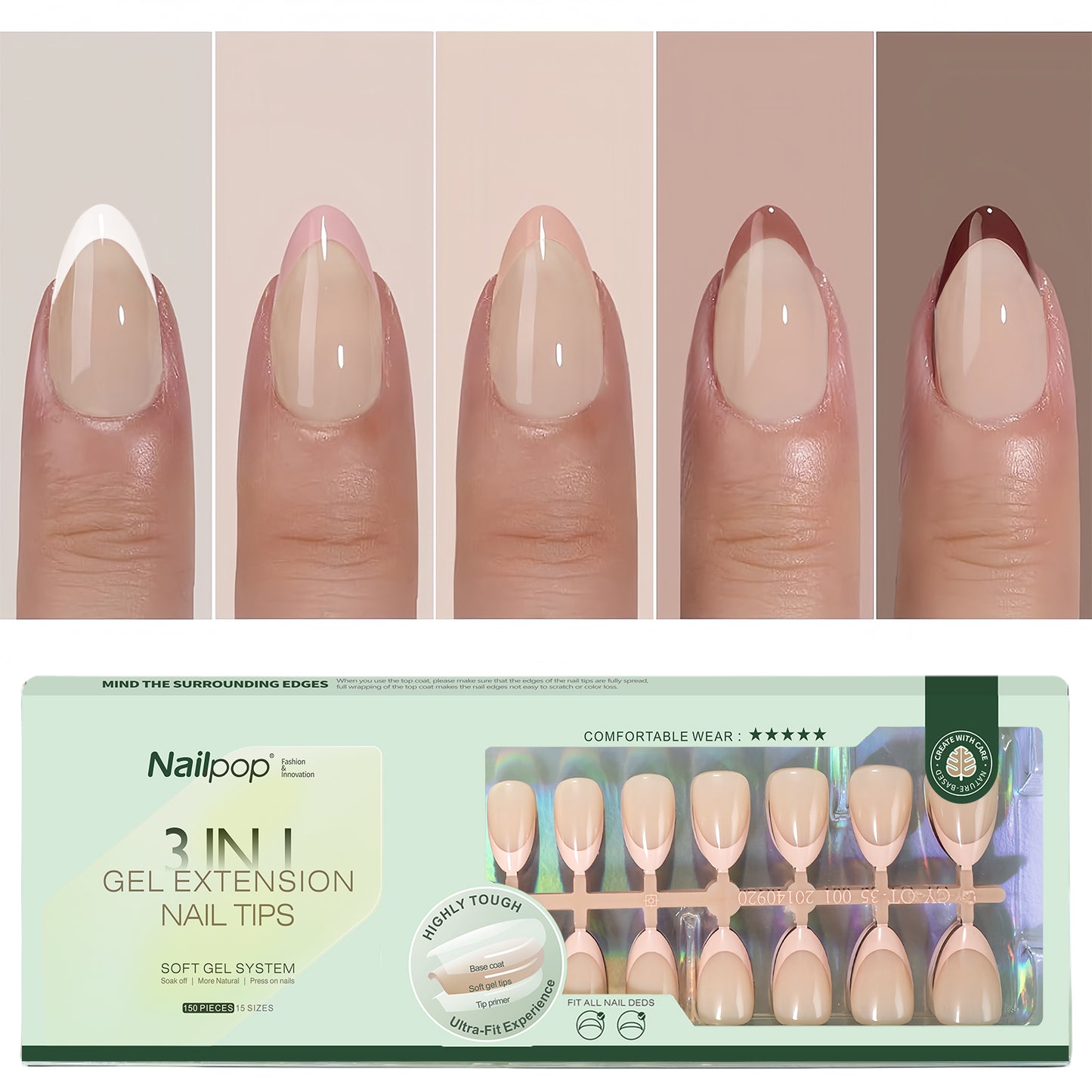 Nailpop French Gel Nail Tips 5 Colors French Tip Press on Nails with Design 3 in 1 Soft Acrylic Fake Nails Extension for Women