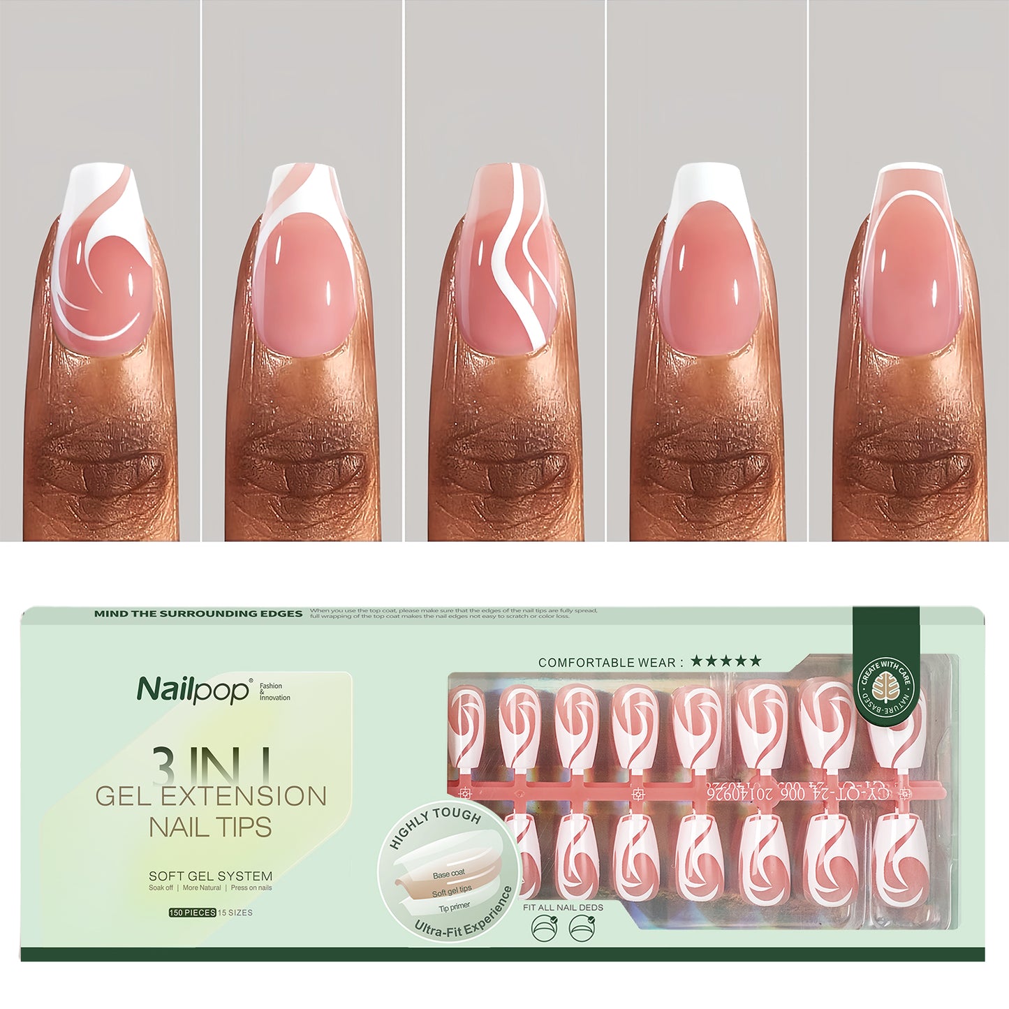Nailpop French Gel Nail Tips 5 Colors French Tip Press on Nails with Design 3 in 1 Soft Acrylic Fake Nails Extension for Women