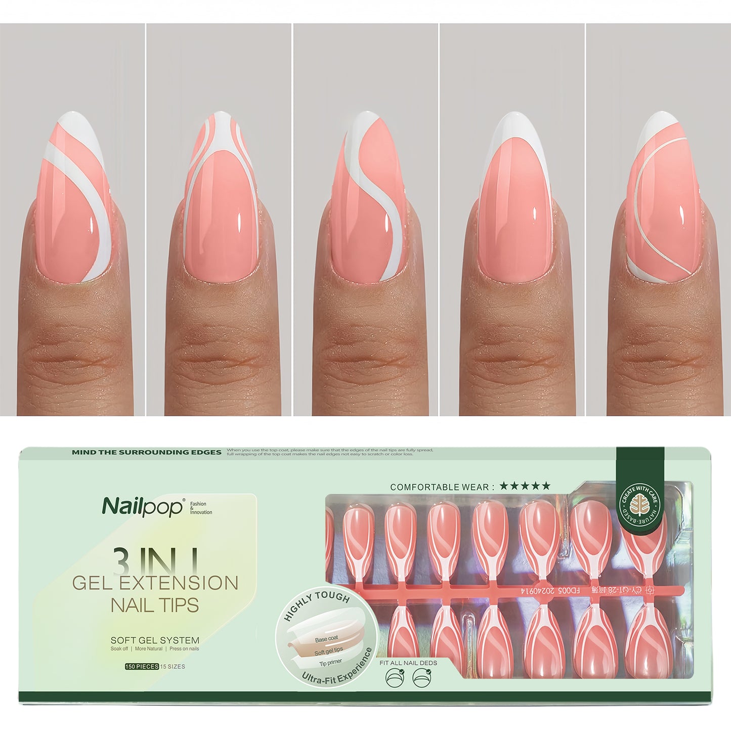 Nailpop French Gel Nail Tips 5 Colors French Tip Press on Nails with Design 3 in 1 Soft Acrylic Fake Nails Extension for Women