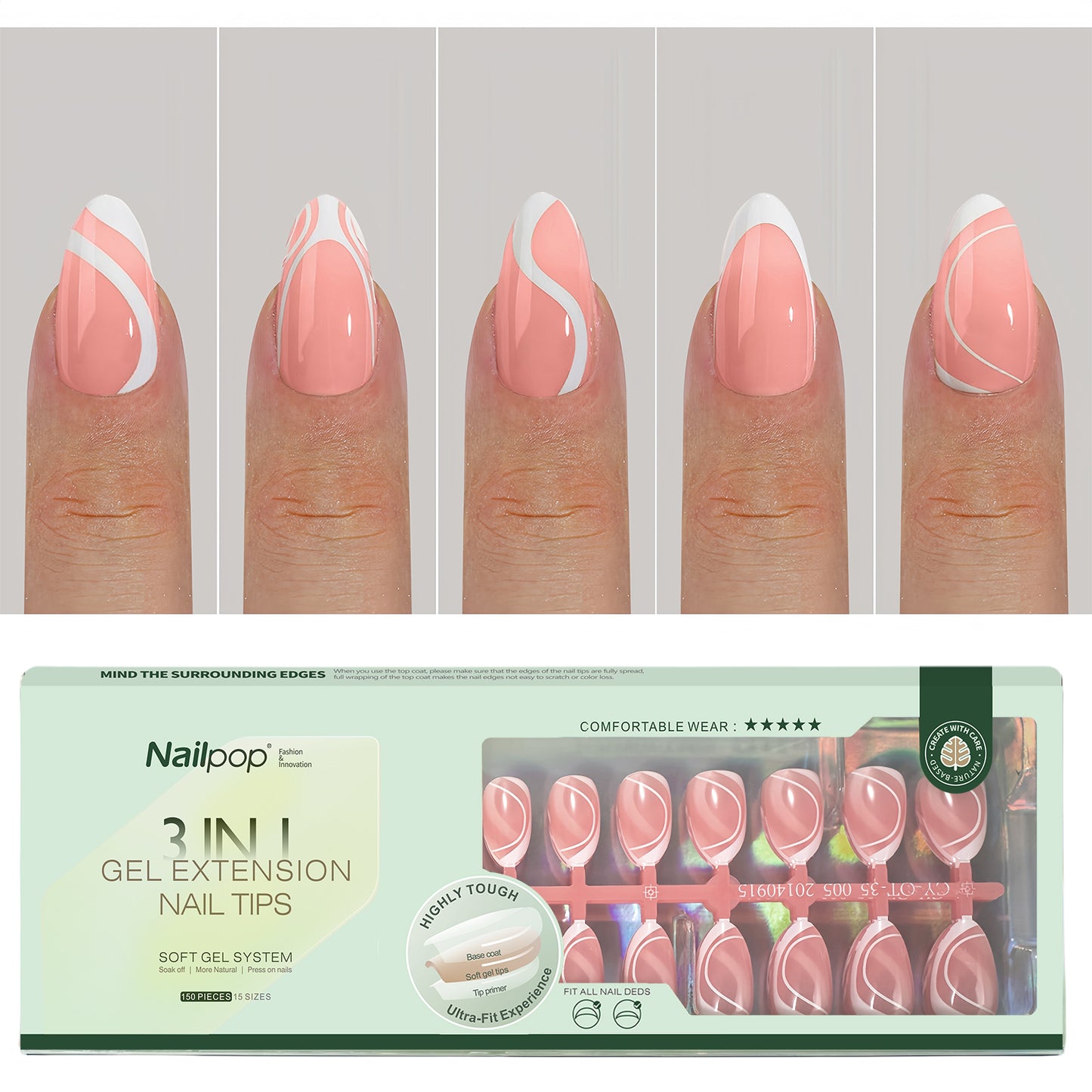 Nailpop French Gel Nail Tips 5 Colors French Tip Press on Nails with Design 3 in 1 Soft Acrylic Fake Nails Extension for Women