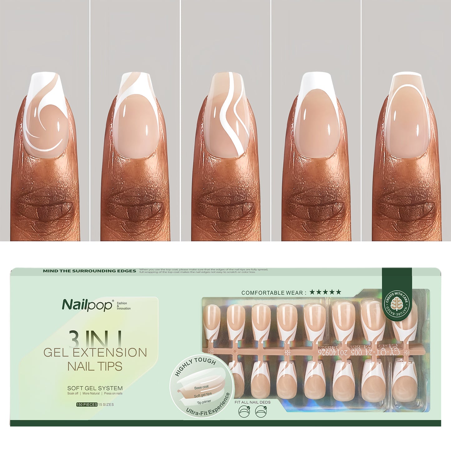 Nailpop French Gel Nail Tips 5 Colors French Tip Press on Nails with Design 3 in 1 Soft Acrylic Fake Nails Extension for Women