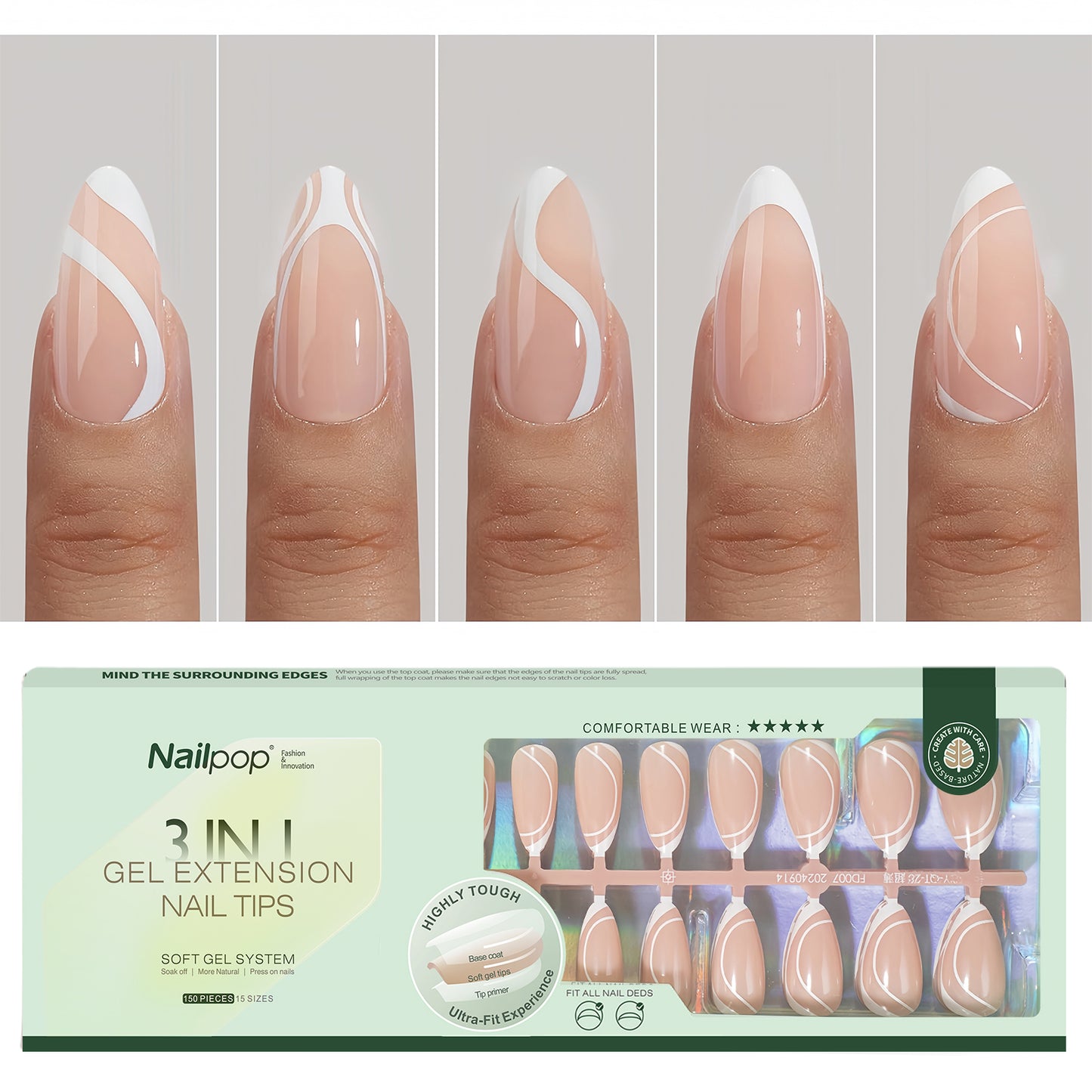Nailpop French Gel Nail Tips 5 Colors French Tip Press on Nails with Design 3 in 1 Soft Acrylic Fake Nails Extension for Women