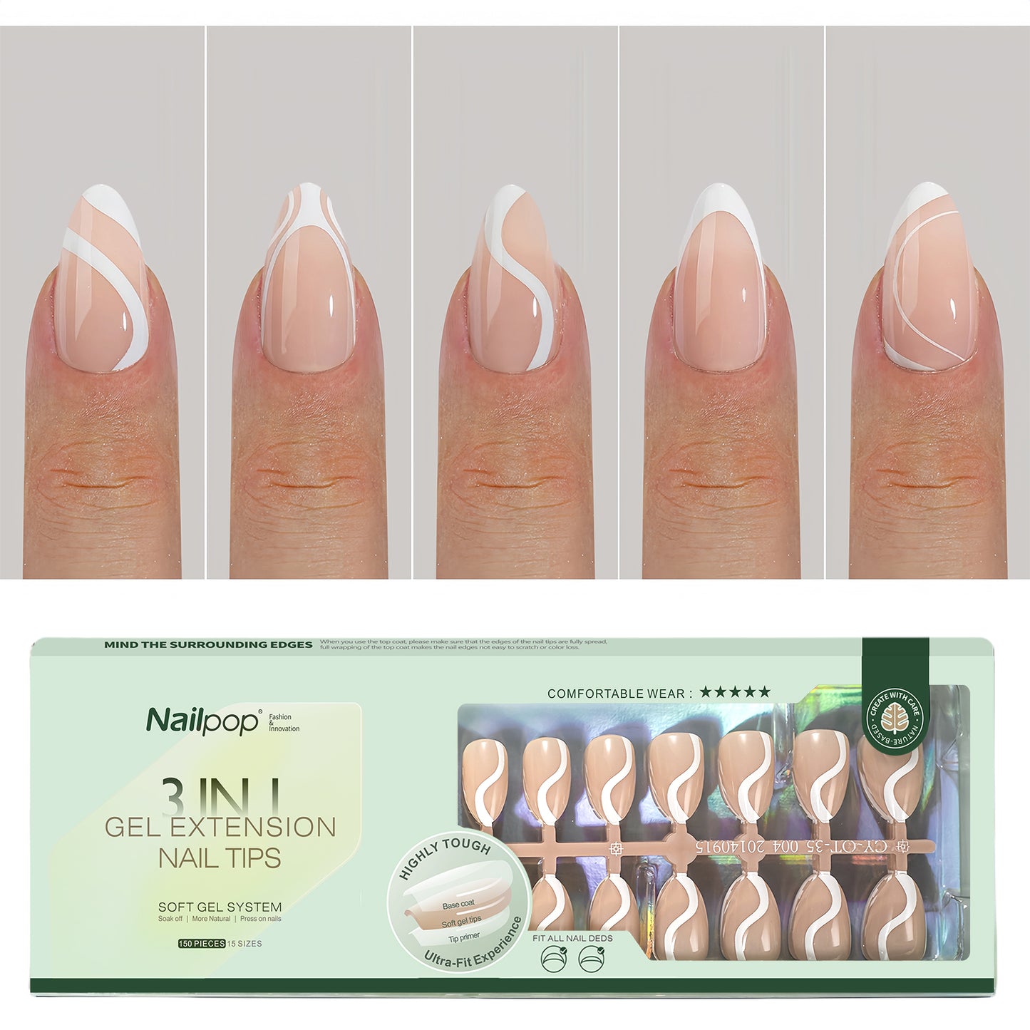 Nailpop French Gel Nail Tips 5 Colors French Tip Press on Nails with Design 3 in 1 Soft Acrylic Fake Nails Extension for Women