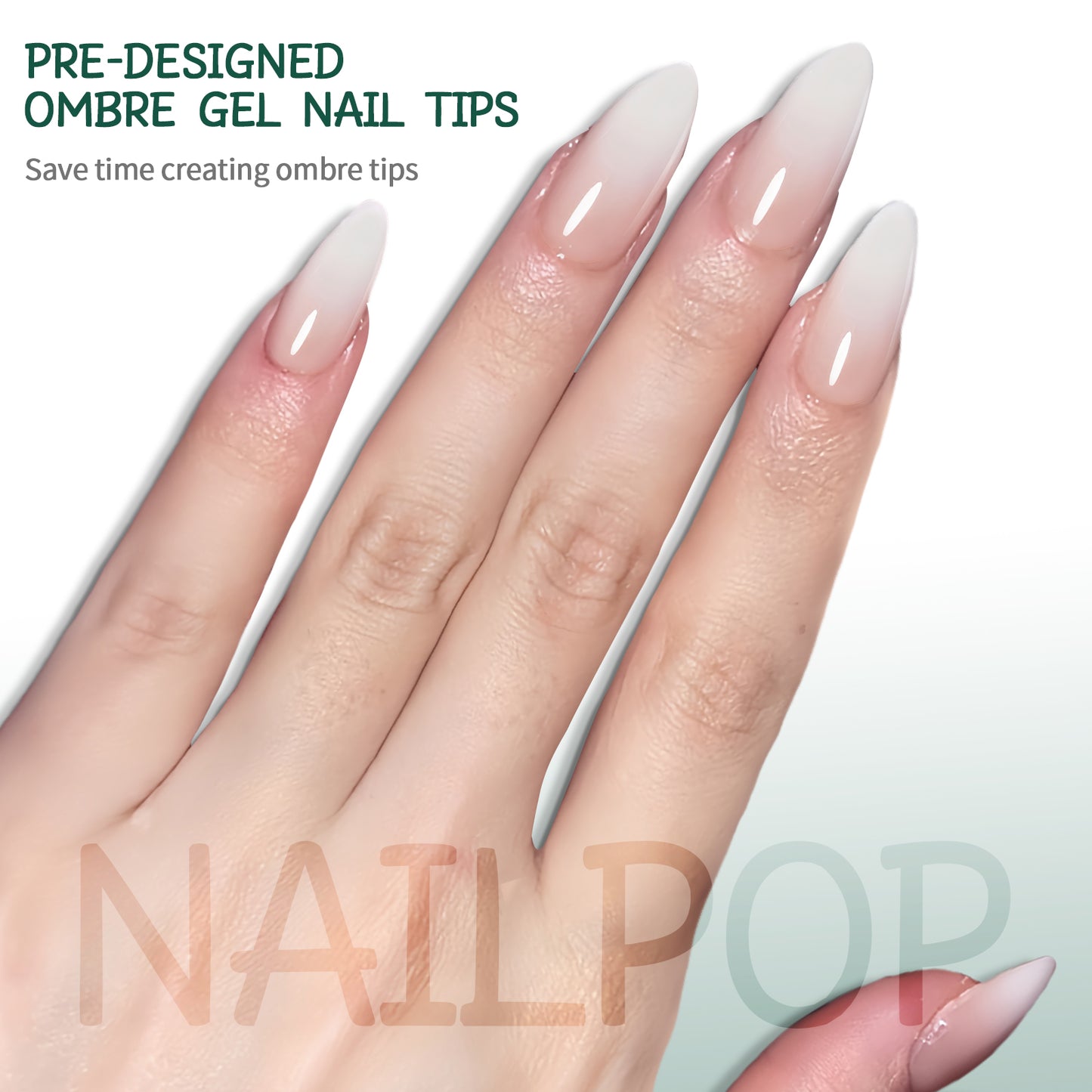 Nailpop Nude White Ombre Press on Nails Medium Almond Fake Nails Gradient Glossy Soft Gel Nail Tips Acrylic Nails for Manicure