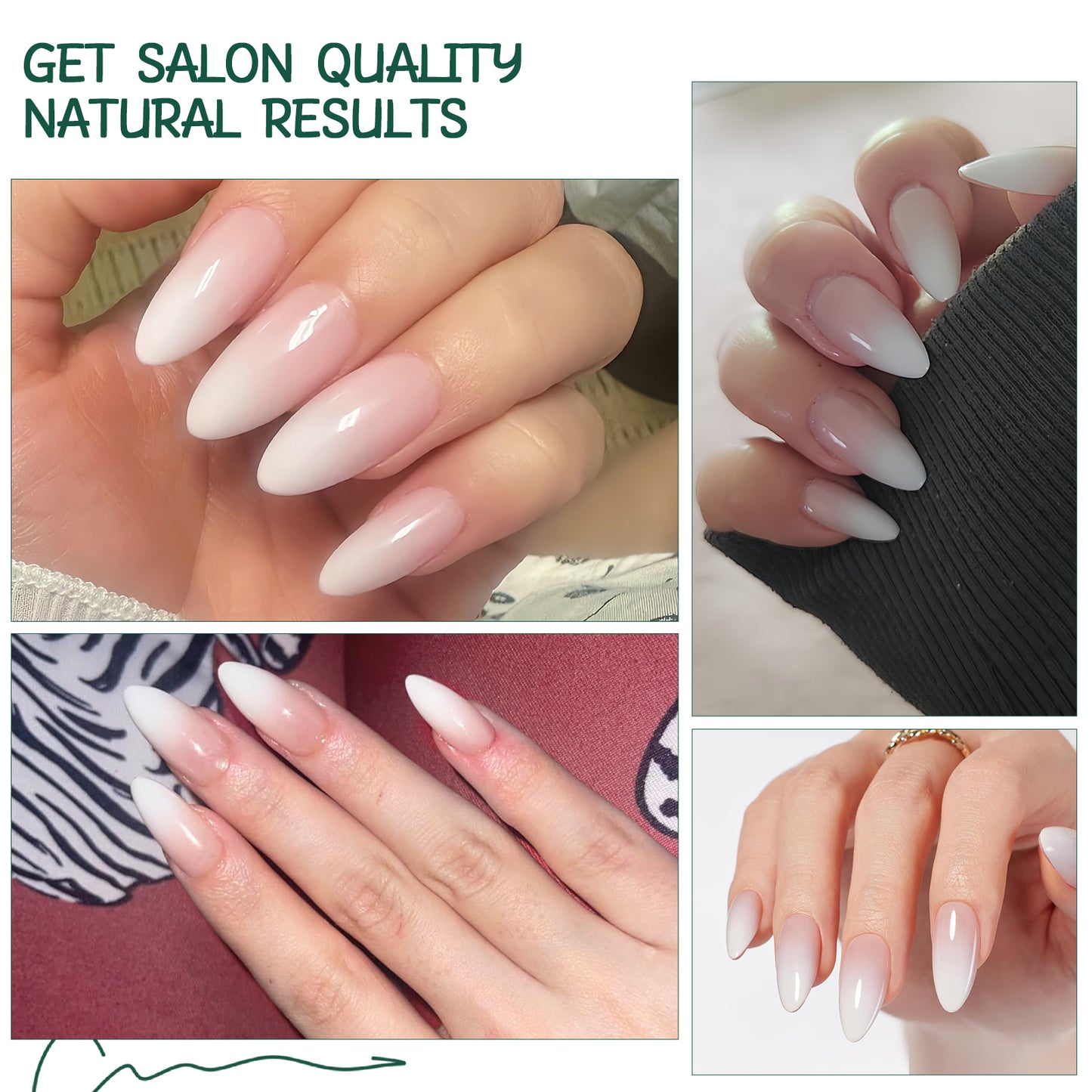 Nailpop Nude White Ombre Press on Nails Medium Almond Fake Nails Gradient Glossy Soft Gel Nail Tips Acrylic Nails for Manicure