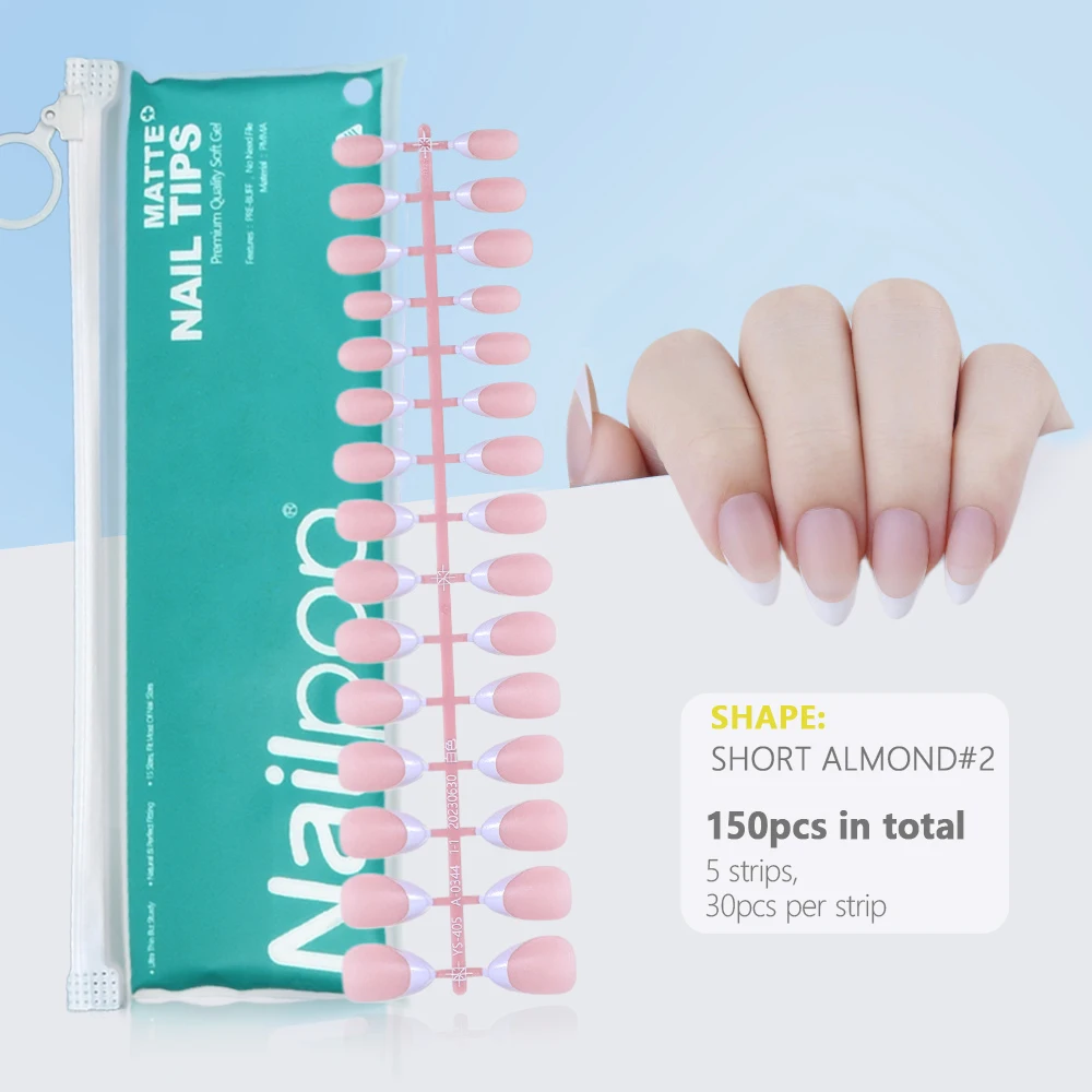 Pre-Made French Gel Nail Tips 150PCS Almond Colored Press On Nails Pink Matte False Nails Extension Kit for Nail Art DIY