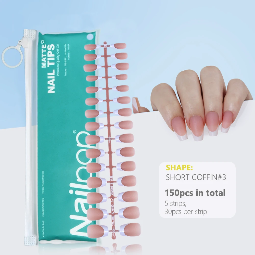 Pre-Made French Gel Nail Tips 150PCS Almond Colored Press On Nails Pink Matte False Nails Extension Kit for Nail Art DIY