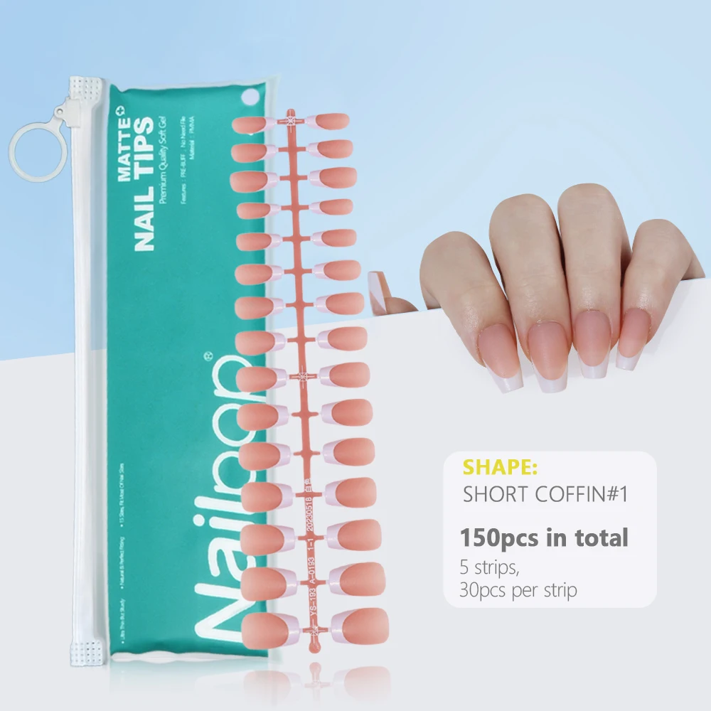 Pre-Made French Gel Nail Tips 150PCS Almond Colored Press On Nails Pink Matte False Nails Extension Kit for Nail Art DIY