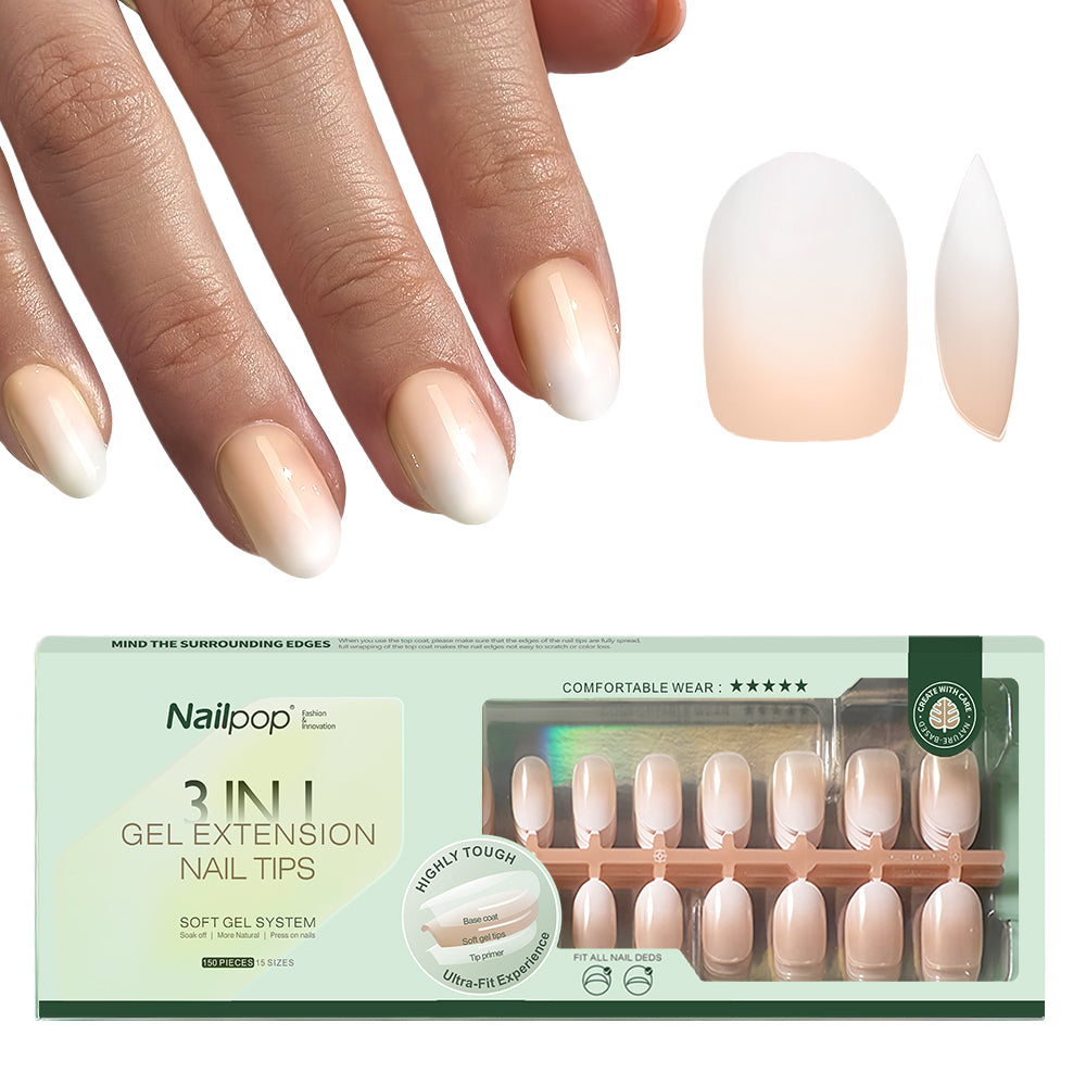Nailpop Nude White Ombre Press on Nails Medium Almond Fake Nails Gradient Glossy Soft Gel Nail Tips Acrylic Nails for Manicure
