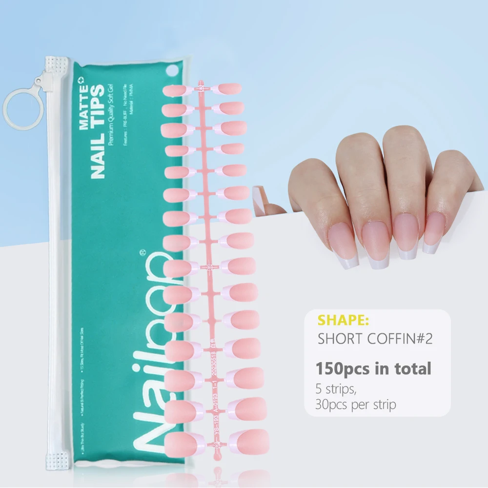 Pre-Made French Gel Nail Tips 150PCS Almond Colored Press On Nails Pink Matte False Nails Extension Kit for Nail Art DIY