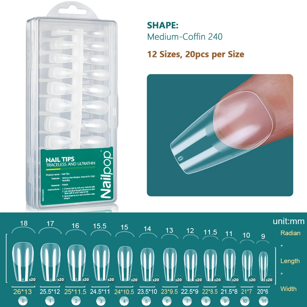 Long Coffin False Nail Tips Pre-Shaped Soft Gel X Tip Full Cover Press on Nails for Soak Off Nail Extensions 240PCS/BOX