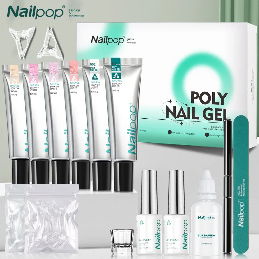 Poly Nail Extension Gel Kit 6 Colors Pink White Nude Tips Gel Clear Nail Art Kit with Brush and Slip Solution Nail Salon