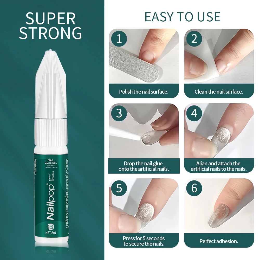 3ml Strong Nail Glue with Quick Nail Glue Remover Professional Nail Art Long-Lasting Glue for Nail Extension Home DIY