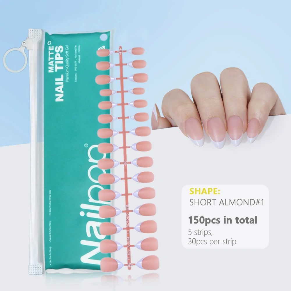 Pre-Made French Gel Nail Tips 150PCS Almond Colored Press On Nails Pink Matte False Nails Extension Kit for Nail Art DIY