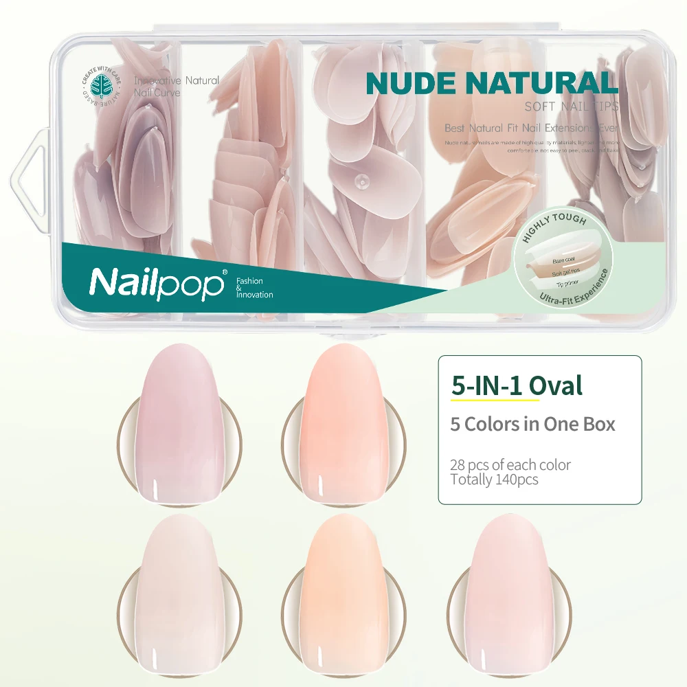 140PCS Nude Natural Gel Nails 14 Sizes Pre-Colored Soft Gel False Nail Tips Soak Off Acrylic Fake Nails Extensions Salon