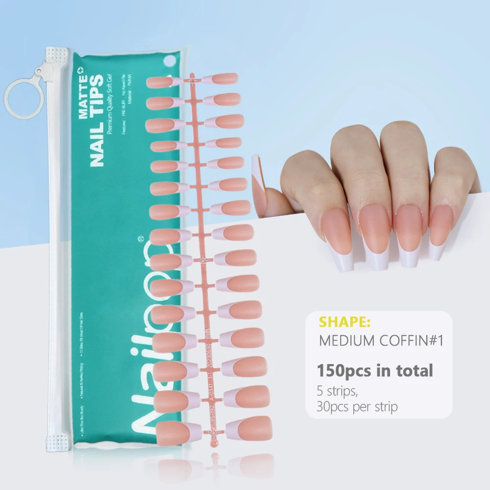 Pre-Made French Gel Nail Tips 150PCS Almond Colored Press On Nails Pink Matte False Nails Extension Kit for Nail Art DIY