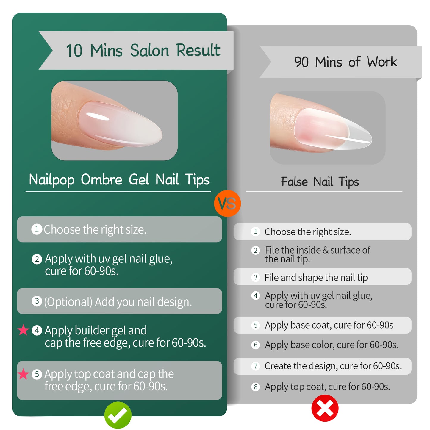 Nailpop Nude White Ombre Press on Nails Medium Almond Fake Nails Gradient Glossy Soft Gel Nail Tips Acrylic Nails for Manicure