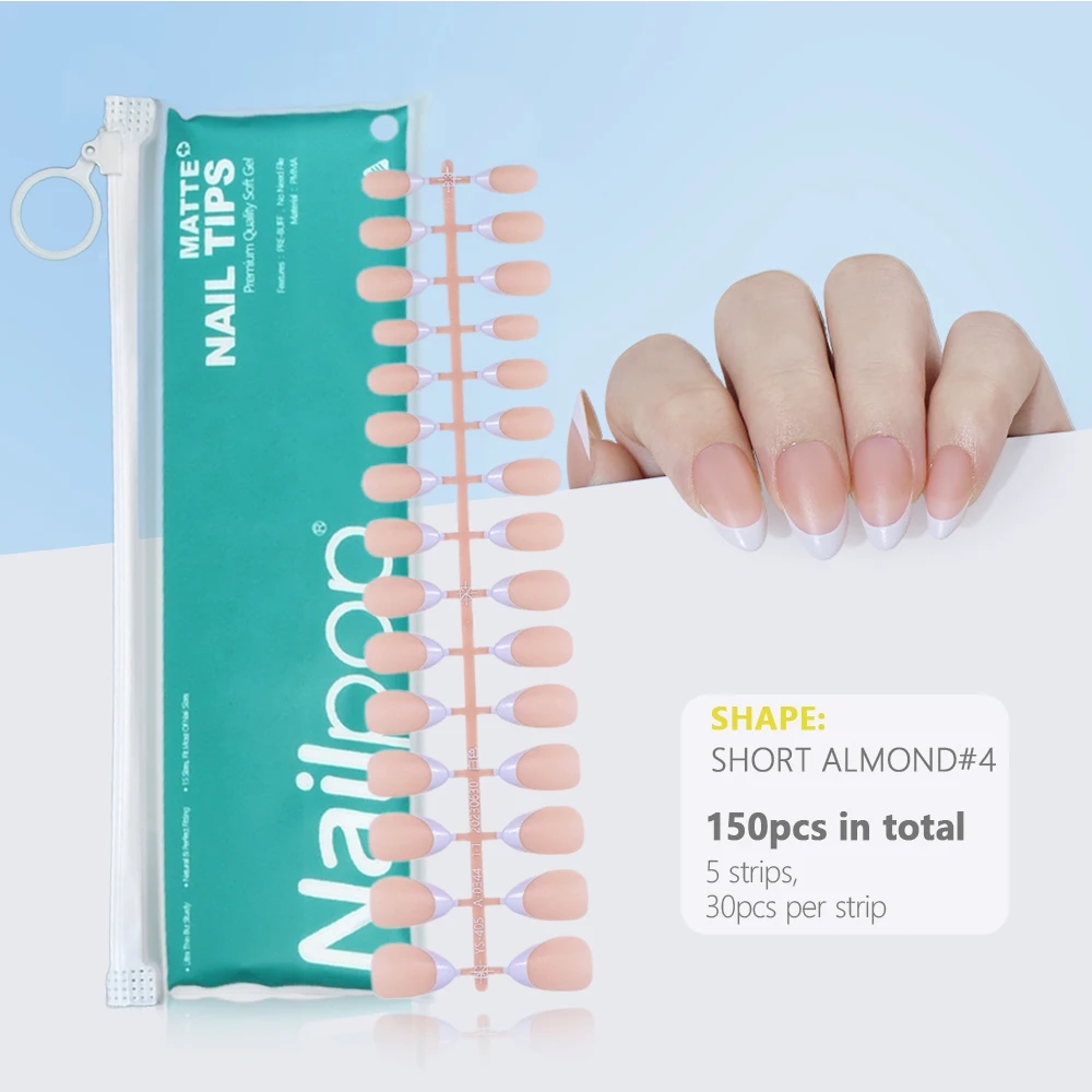 Pre-Made French Gel Nail Tips 150PCS Almond Colored Press On Nails Pink Matte False Nails Extension Kit for Nail Art DIY