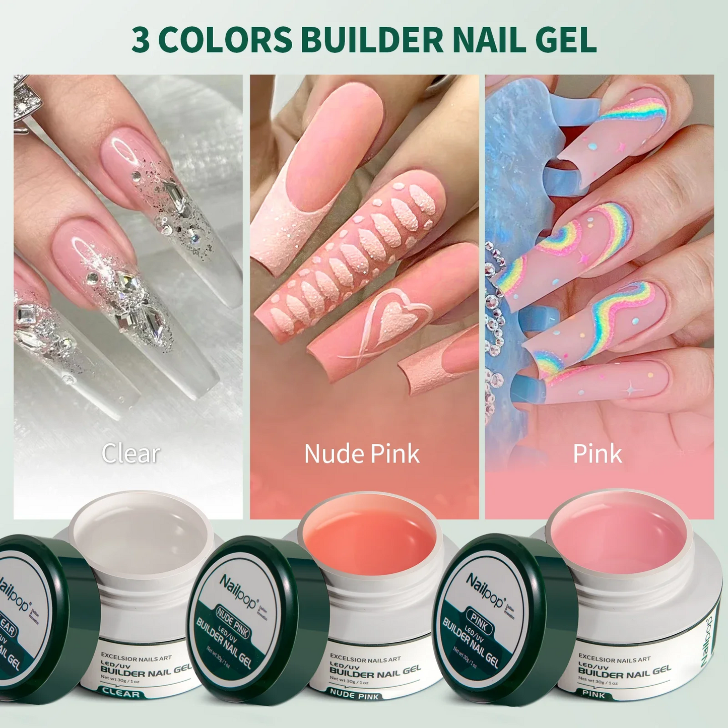 Builder Gel for Nails Beginner Nail Kit 30g Clear/Nudes Pink/Pink for Nails Extension Gel Set Nail Art Manicure Set for DIY