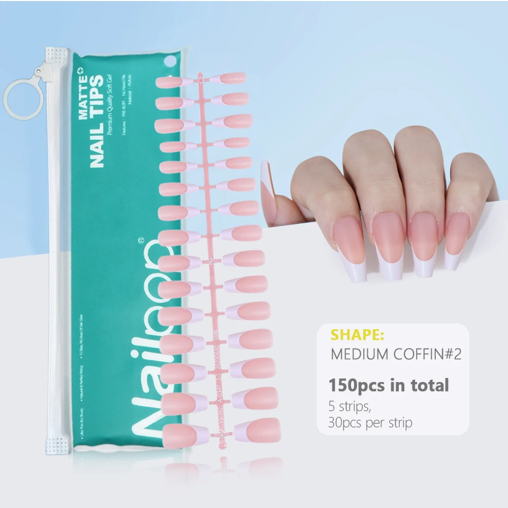 Pre-Made French Gel Nail Tips 150PCS Almond Colored Press On Nails Pink Matte False Nails Extension Kit for Nail Art DIY