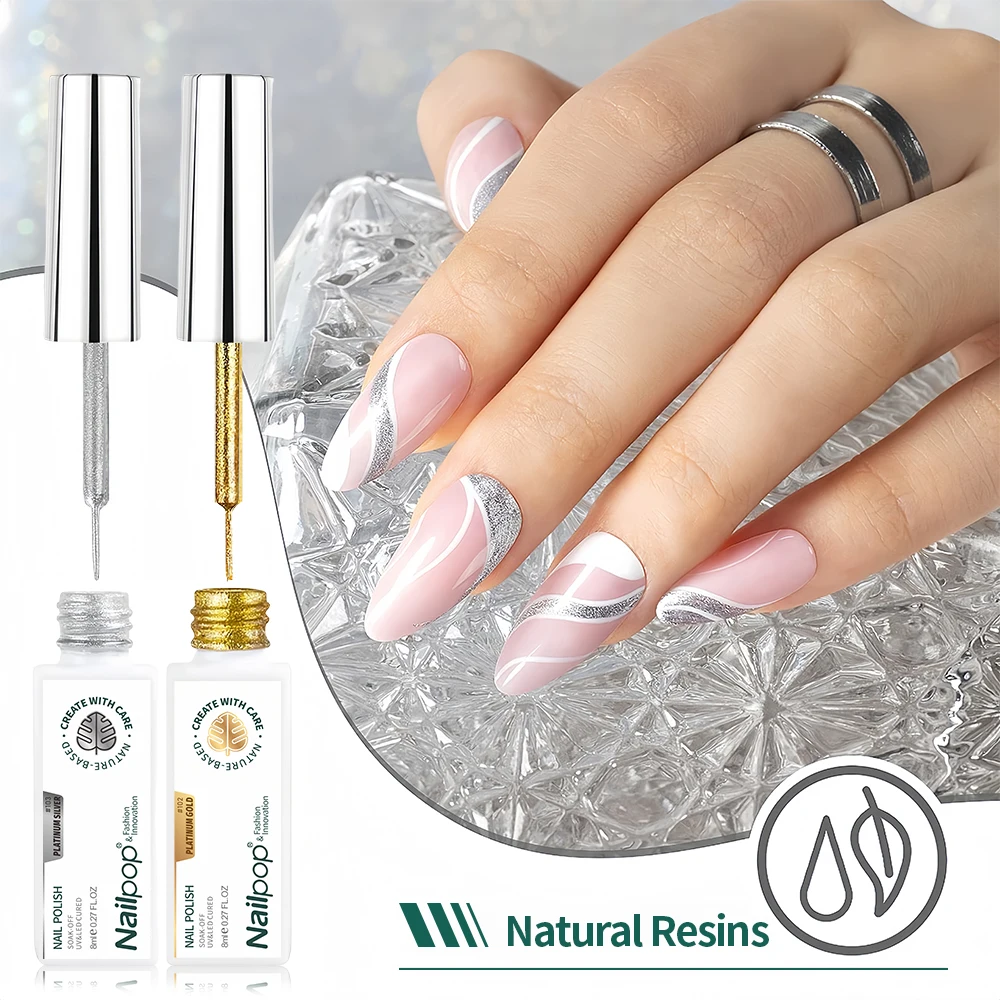 Nail Art Liner Gel Polish Set Classic Glitter Reflective Colors Swirl Manicure Design Shiny Gold Silver Black White 8ml