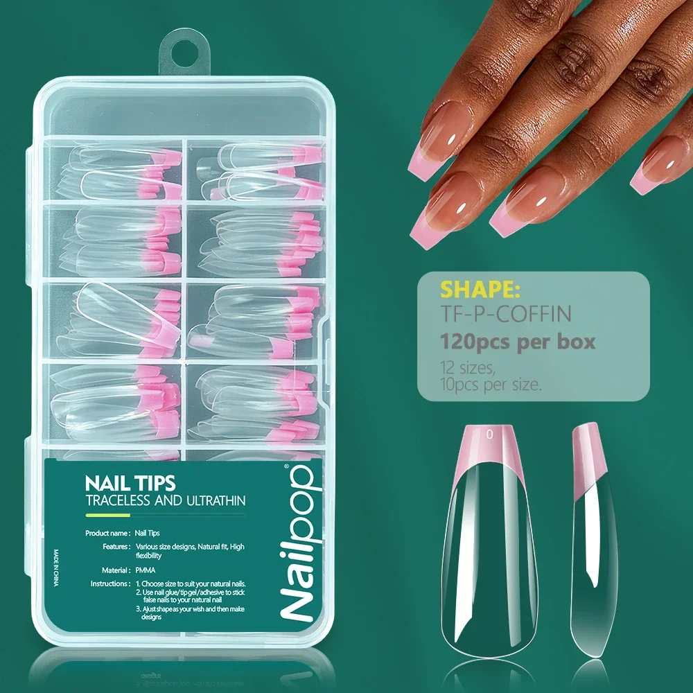 120PCS/BOX French Tip Nails Short Almond Full Cover Clear Nails White Pink Tip for Nail Extension Art DIY Salon OEM ODM