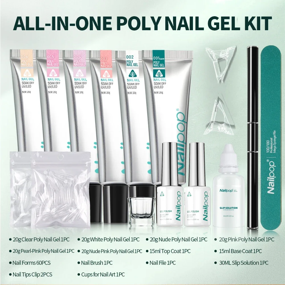 Poly Nail Extension Gel Kit 6 Colors Pink White Nude Tips Gel Clear Nail Art Kit with Brush and Slip Solution Nail Salon