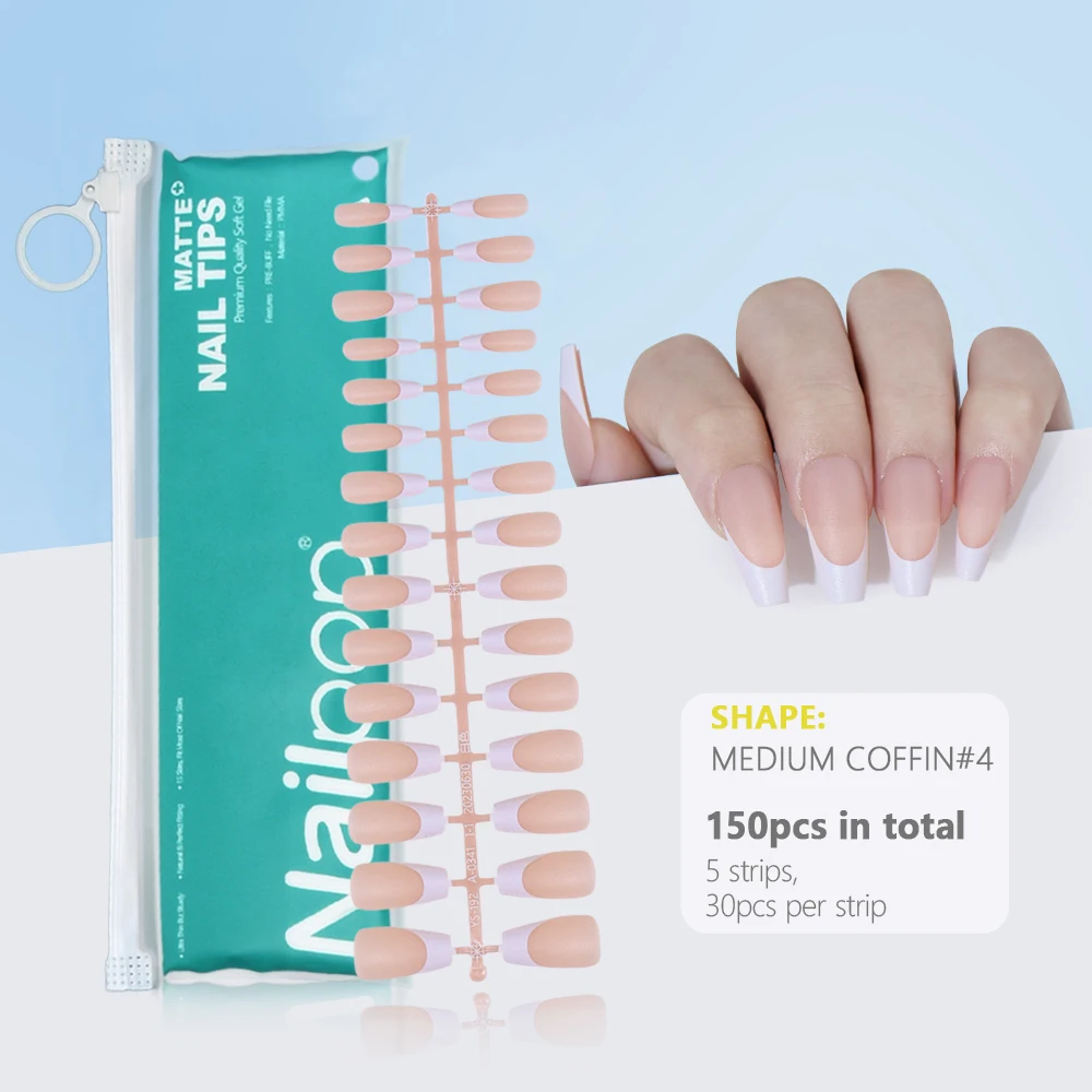 Pre-Made French Gel Nail Tips 150PCS Almond Colored Press On Nails Pink Matte False Nails Extension Kit for Nail Art DIY