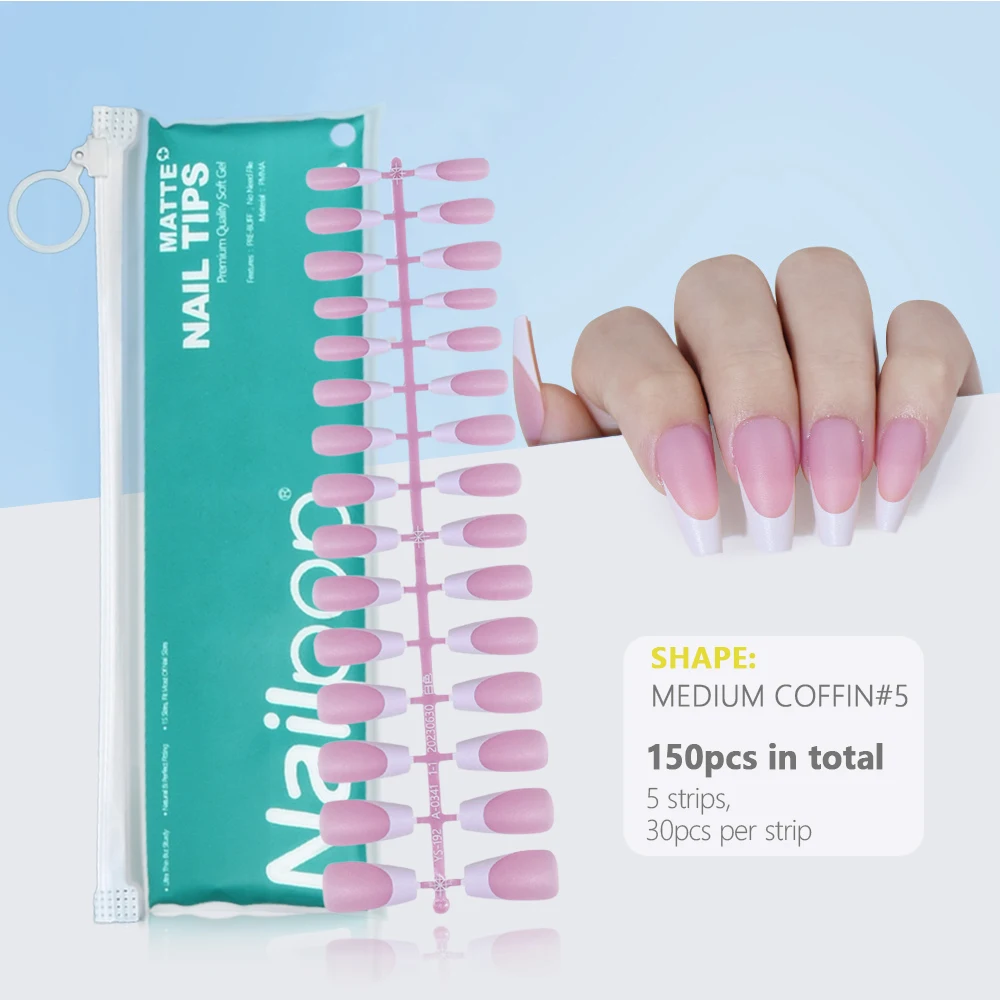 Pre-Made French Gel Nail Tips 150PCS Almond Colored Press On Nails Pink Matte False Nails Extension Kit for Nail Art DIY